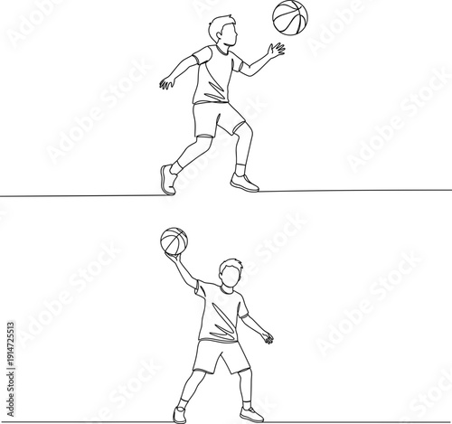 Line drawing of two male basketball players, one dribbling and one shooting, on a transparent background, in dynamic poses and simplified style.