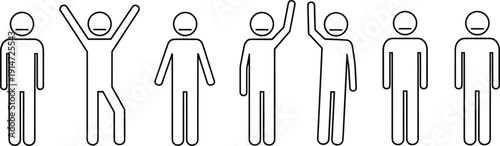 Minimalist stick figure icon set with standing people, raised hands and high five gesture outline illustration