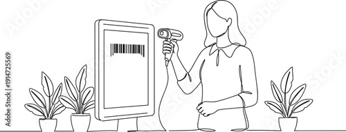 Line drawing of a woman scanning a barcode on a digital screen with plants on a table on a transparent background