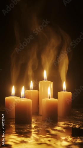 3D scene of multiple glowing candles on a dark background, soft warm flickering flames, gent
