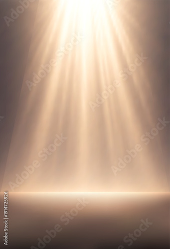Vector Illustration of golden light rays shining from above onto empty stage creating spiritual abstract background, light, rays, glow, spotlight, golden, background, abstract, spiritual, illumination