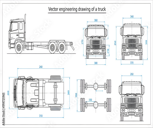 Blueprint of a truck showing technical dimensions and views
