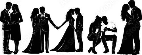 Romantic couple silhouettes set, wedding bride and groom figures, people in love hugging and holding hands, sweet relationship moments for Adobe Stock.