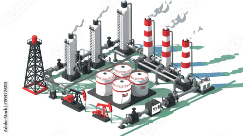 Isometric oil refinery complex with drilling rig, storage tanks, pipelines and smokestacks industrial vector illustration