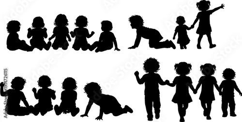 Toddler and baby silhouettes set, small children crawling and sitting, little kids playing together, nursery group, childhood development, infant figures collection.
