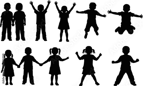 Happy children silhouettes set, kids playing and jumping, joyful childhood group, school students figures, little boys and girls collection, active youth.