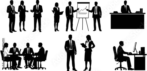 Business professionals silhouettes set including corporate meeting, presentation with chart, executive managers working at desk and office team collection.
