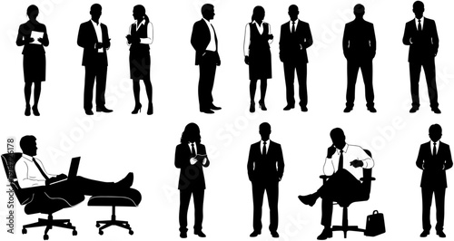 Professional business people silhouettes set, corporate workers standing and sitting, executive managers team, office staff figures, entrepreneur characters collection, successful leadership.