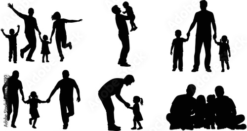 Happy family silhouette set, parents with children, father mother and kids, togetherness concept, childhood joy, family bond, walking playing together.