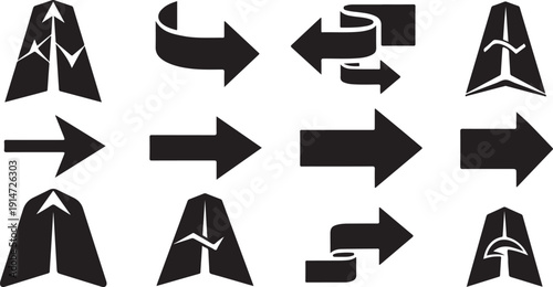 Collection of various black arrows on white background icons