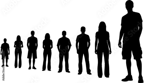 Diverse group of people standing in line silhouette, men and women from small to large height, casual community crowd vector illustration,