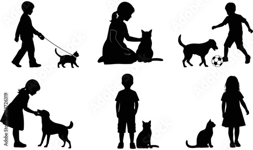 Kids playing with pets silhouette collection, children walking cat, boy with dog playing soccer, girl petting kitten, childhood animal friendship, child standing with pet,
