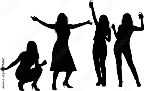 Happy dancing women silhouette collection, group of girls celebrating, ladies enjoying party with drinks, female friends having fun, nightlife entertainment vector,