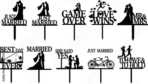 Wedding cake topper silhouette set featuring bride and groom, just married, game over, love wins, mr and mrs, she said yes, tandem bicycle, festive celebration.