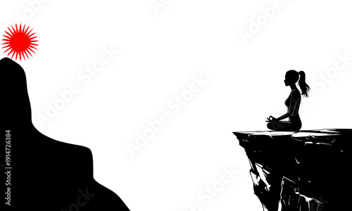 Two people silhouette separated by distance sitting on cliff edges with red sun metaphor for relationship gap loneliness social distance communication connection concept illustration