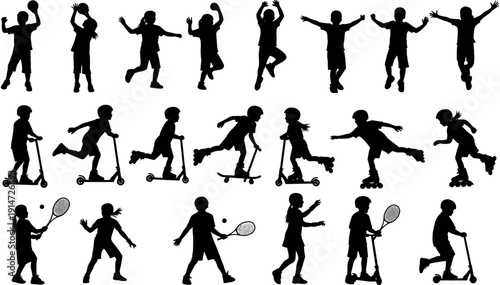 Active children playing sports silhouettes, kids riding scooters, skateboarding, rollerblading, playing tennis, jumping, having fun, outdoor physical activities, vector illustration.