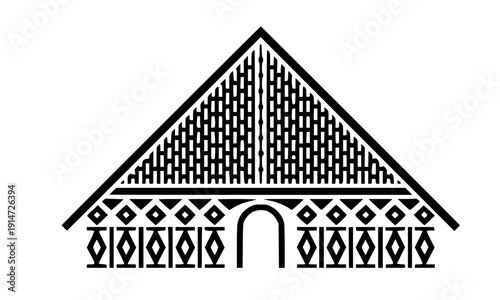 Traditional tropical house architecture line drawing with ornamental decorative roof and veranda ethnic cultural building design for heritage village illustration black outline vector