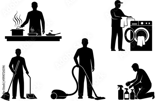 cleaner, maintenance, silhouette, laundry, housework, sweeping, vacuuming, cooking, janitorial, worker, vector, isolated, service, housekeeping, collection, male cleaner, professional cleaning, house 