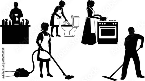 Housekeeping and cleaning service silhouettes set featuring people vacuuming, mopping, cooking, and cleaning toilet, black vector icons on white background,