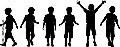 Black silhouette vector of active young boys standing, walking, and jumping with hands up, isolated group of male children playing togethersilhouette, boys, children, kids, jumping, walking, standing,