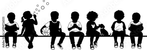 Silhouette vector of diverse children sitting together, reading books, playing basketball, blowing bubbles, using phone, petting dog, friendship, childhood, activities