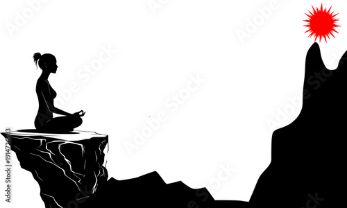 Meditation silhouette of person sitting in yoga pose on mountain cliff at sunset peaceful zen mindfulness spiritual practice nature landscape minimalist black illustration