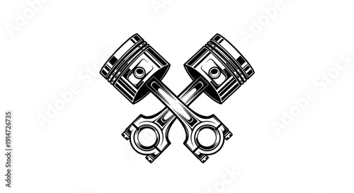 Piston illustration of crossed engine parts on white background