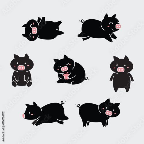 Cute black pig poses illustration