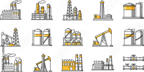 Oil and gas industry line icon set with refinery plant, pumpjack, storage tanks, drilling rig and pipeline