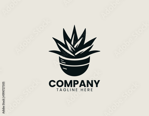 Black vector logo aloe vera succulent plant with long pointed leaves growing from a round pot1