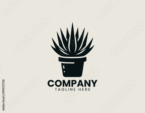 Black vector logo aloe vera succulent plant with long pointed leaves growing from a round pot1