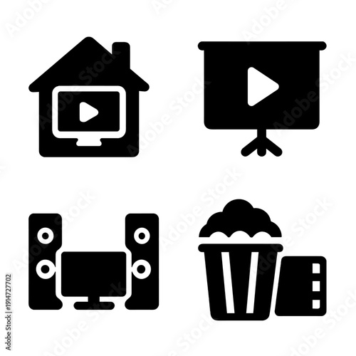 Home theater icons set: tv, projector, speakers, popcorn, and film reel