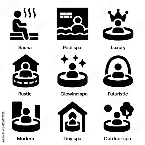 Variety of spa icons: sauna, luxury, modern, and futuristic designs