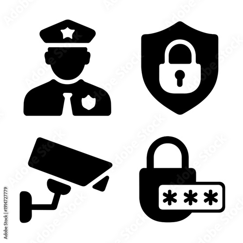 Security icons: police, lock, camera, password for safety and protection