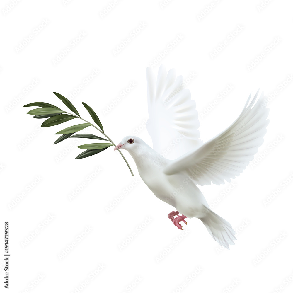 Obraz premium Dove of Peace: A pristine white dove soars gracefully through the air, carrying an olive branch, symbolizing peace, hope, and serenity, its wings spread wide against a tranquil sky.