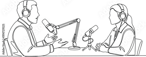 One line drawing of man and woman recording a podcast interview with microphones and headphones in studio