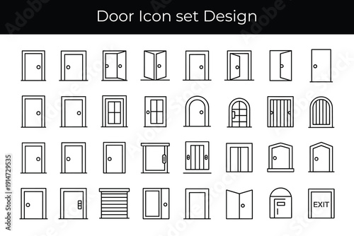 Door Outline Icon Set with Open Closed Entrance Exit Interior and Exterior Vector Collection