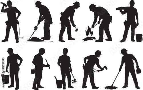 construction worker silhouettes performing maintenance and repair tasks