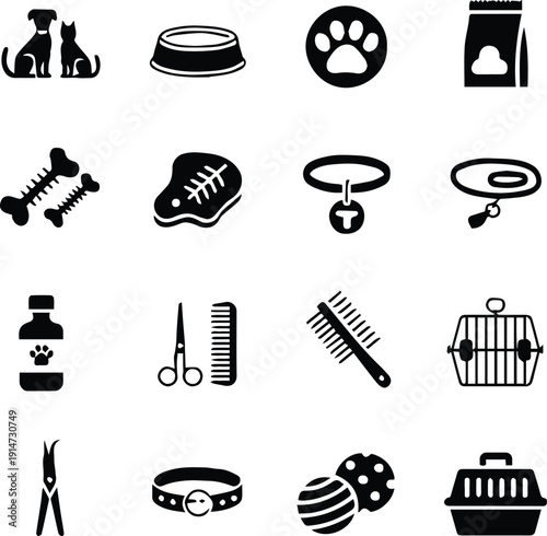 pet icons collection cat dog collar leash bowl and toys