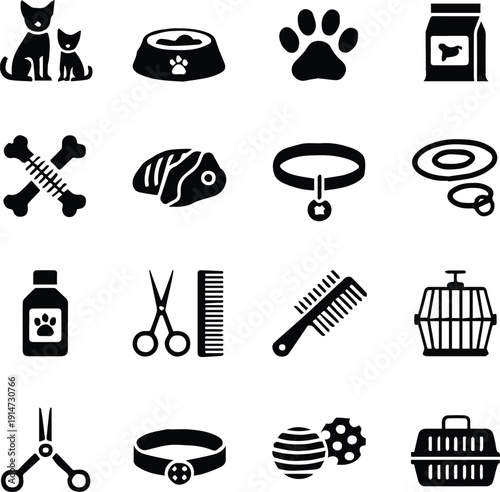 pet icons set pet care grooming feeding and transport symbols
