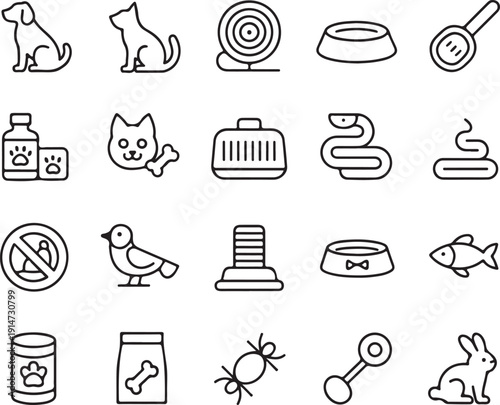 pet icons pack dog cat bird fish rabbit carrier bowl leash food medicine toys