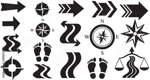 Navigation symbols and directional icons on white background
