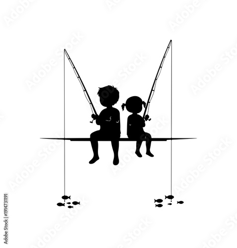 Children Fishing on a Bridge Silhouette