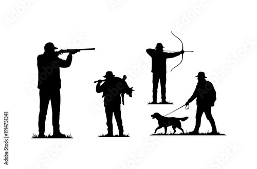 Silhouettes of Hunters and Dog