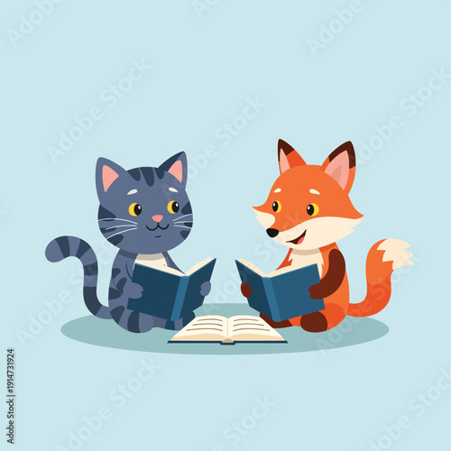 Cat and Fox Reading Together
