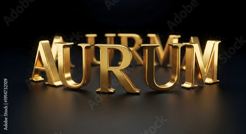 Stunning gold 3D letters spelling AURUM sparkle on a dark luxurious background, perfect for premium branding and elegant designs
