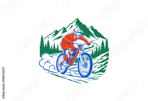 Downhill mountain bike extreme sport design. Mountain biking vintage vector artwork. Adventure ride graphic print for t-shirt. Outdoor cycling downhil