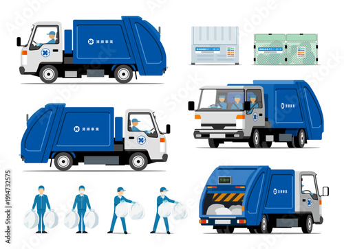 ゴミ収集車と作業員のセット_パッカー車_青タイプ