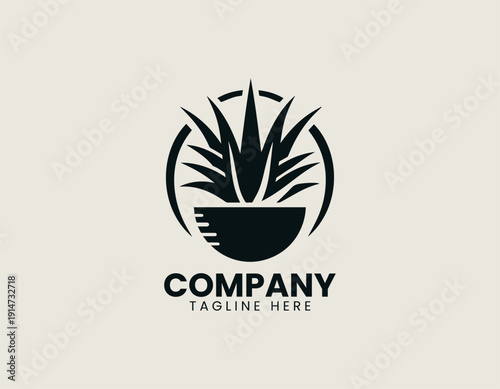 Black vector logo aloe vera succulent plant with long pointed leaves growing from a round pot1