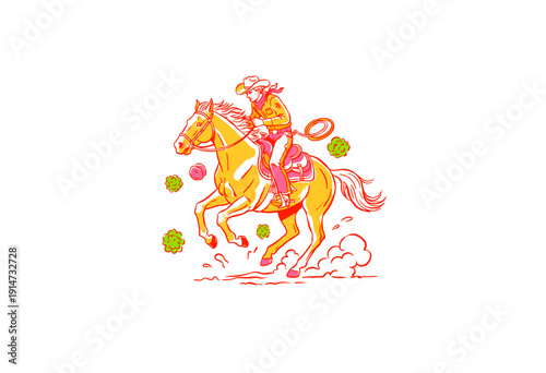 Cowboy riding horse vintage artwork. Wild west rodeo style graphic print. Retro psychedelic desert design. Western art for t shirt print. Desert adven